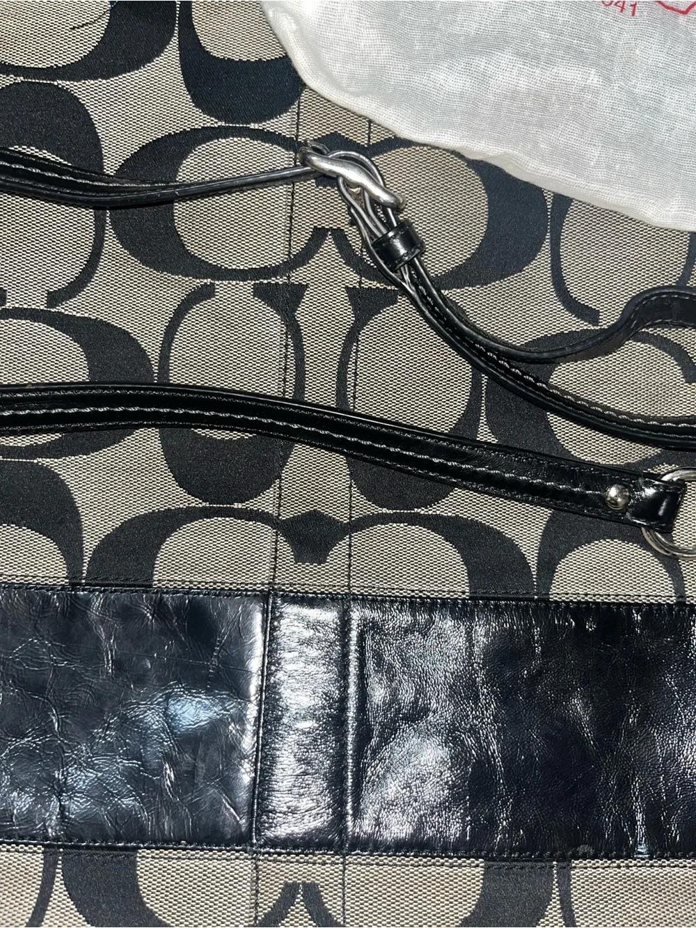 Coach Black & Beige Signature Canvas Shoulder Bag with Coin Pouch